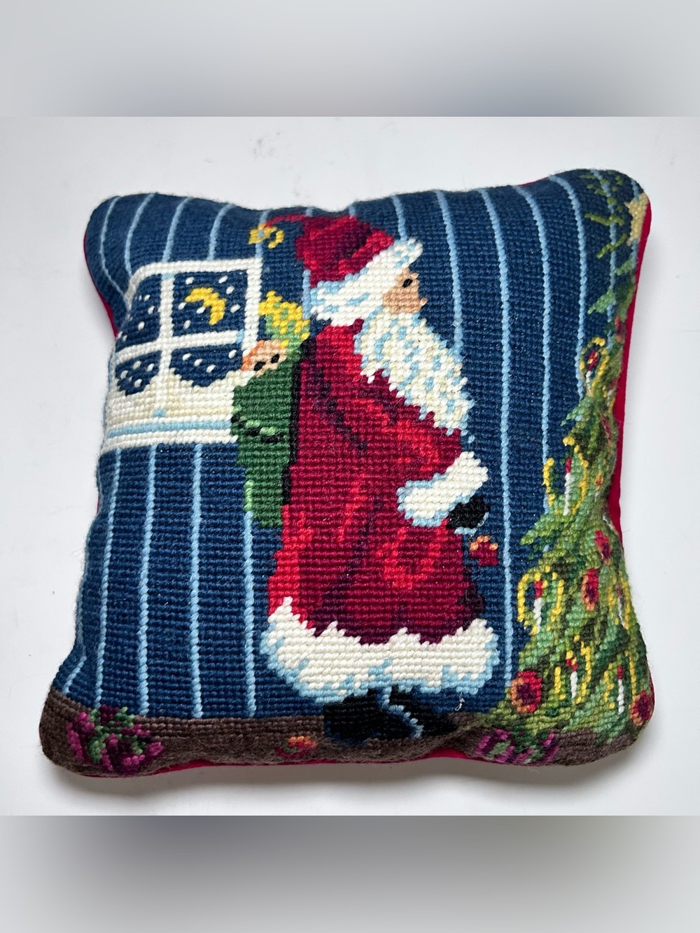 Vintage Needlepoint Santa Claus Christmas Red Velvet Small Pillow